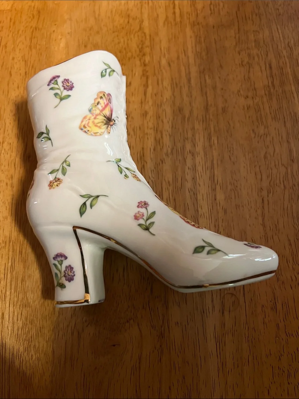Vintage White Ankle Boot Heels with Yellow Butterfly, Dragonfly & Floral Vase
